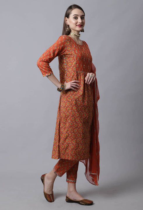 Pure Cotton Jaipuri Printed & Hand Work Kurta Set With Dupatta