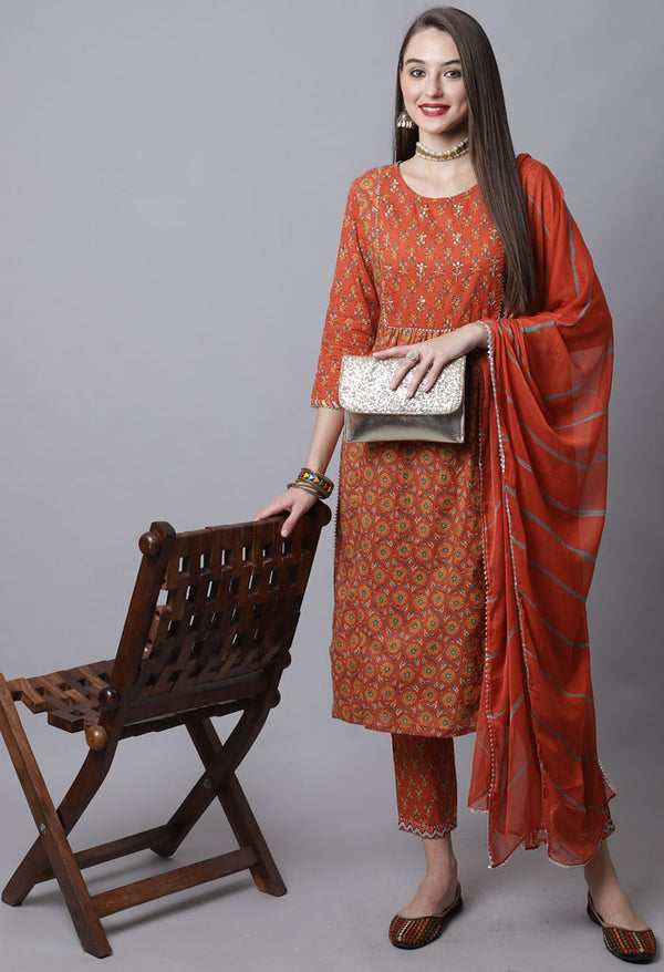 Pure Cotton Jaipuri Printed & Hand Work Kurta Set With Dupatta
