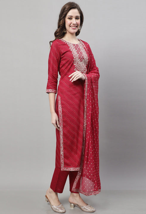 Pure Cotton Jaipuri Printed And Embroidered Kurta Set With Dupatta