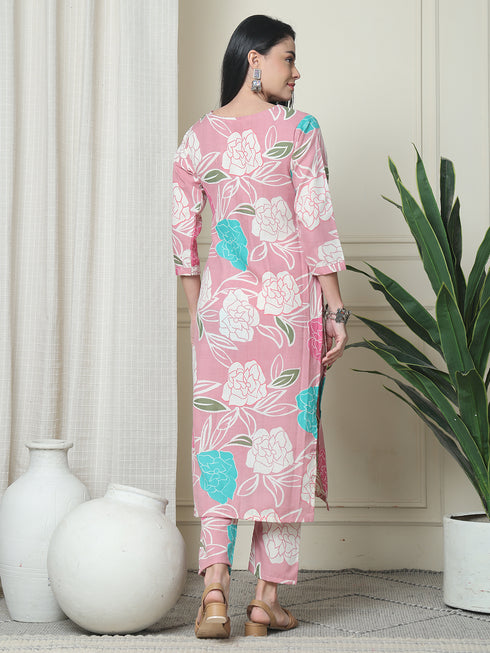Pink Cotton Floral Printed Kurta With Pant