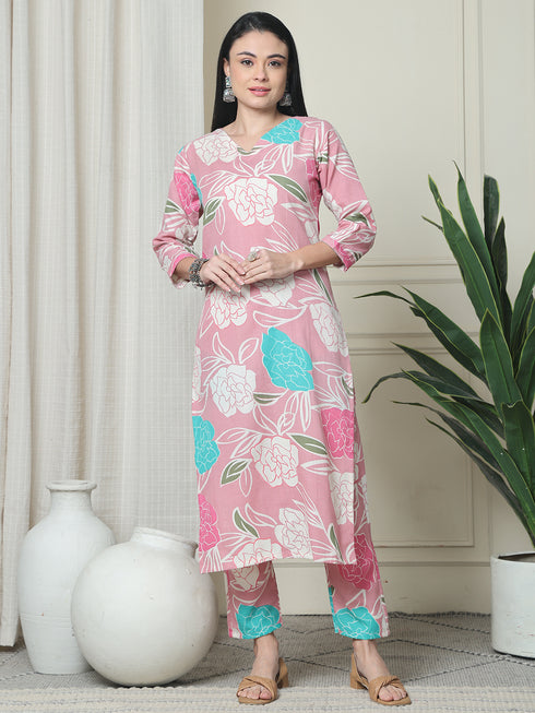 Pink Cotton Floral Printed Kurta With Pant