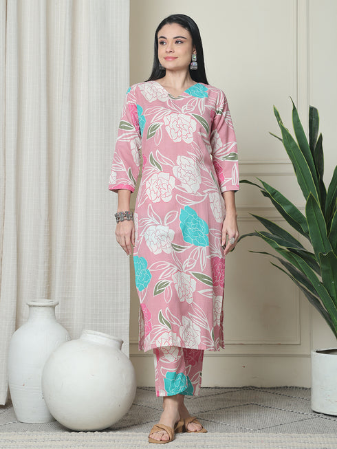 Pink Cotton Floral Printed Kurta With Pant