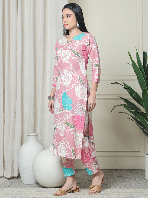 Pink Cotton Floral Printed Kurta With Pant