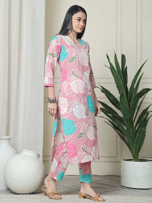 Pink Cotton Floral Printed Kurta With Pant