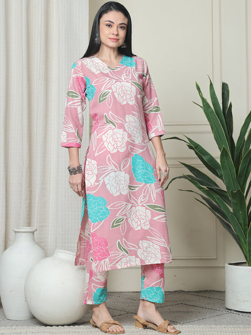 Pink Cotton Floral Printed Kurta With Pant
