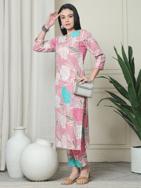 Pink Cotton Floral Printed Kurta With Pant