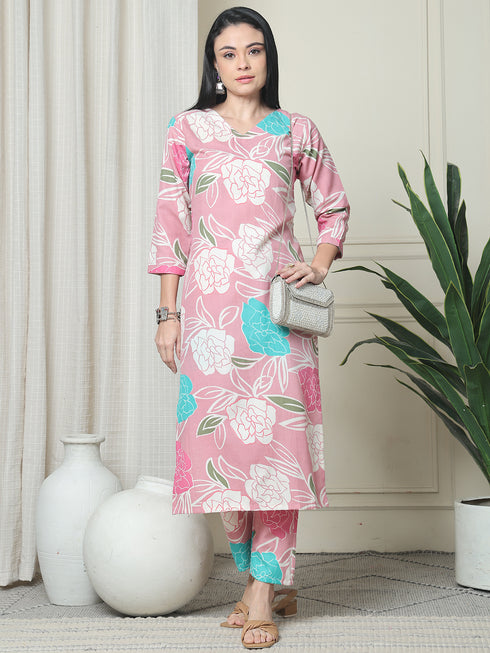 Pink Cotton Floral Printed Kurta With Pant