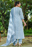 Blue & Grey Pure Cotton Jaipuri Printed  Kurta Set With Dupatta