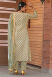 Light Yellow & Light Green Pure Cotton Jaipuri Printed  Kurta Set With Dupatta