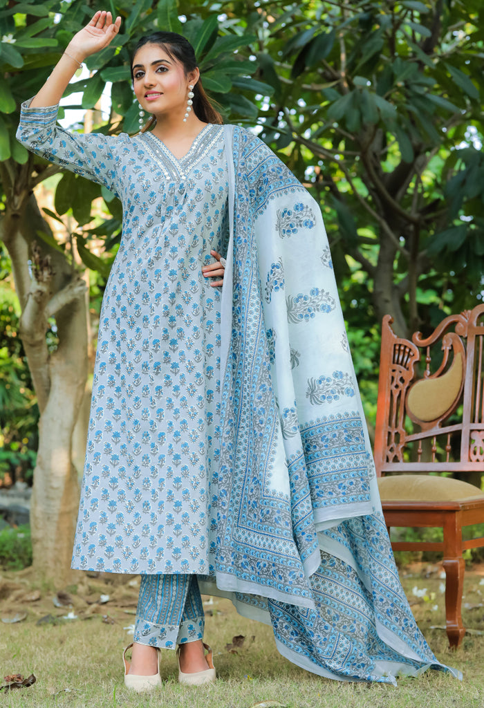 Blue & Grey Pure Cotton Jaipuri Printed  Kurta Set With Dupatta