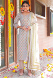 Grey & Peach Pure Cotton Jaipuri Printed  Kurta Set With Dupatta