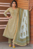 Light Yellow & Light Green Pure Cotton Jaipuri Printed  Kurta Set With Dupatta