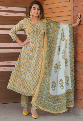 Light Yellow & Light Green Pure Cotton Jaipuri Printed  Kurta Set With Dupatta