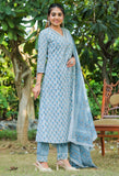 Blue & Grey Pure Cotton Jaipuri Printed  Kurta Set With Dupatta