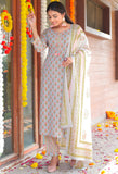 Grey & Peach Pure Cotton Jaipuri Printed  Kurta Set With Dupatta