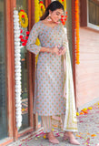 Grey & Peach Pure Cotton Jaipuri Printed  Kurta Set With Dupatta