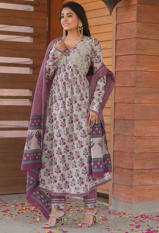 Beige & Wine Pure Cotton  Embroidered Kurta Set With Dupatta