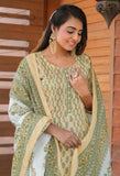 Light Yellow & Light Green Pure Cotton Jaipuri Printed  Kurta Set With Dupatta