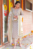 Grey & Peach Pure Cotton Jaipuri Printed  Kurta Set With Dupatta