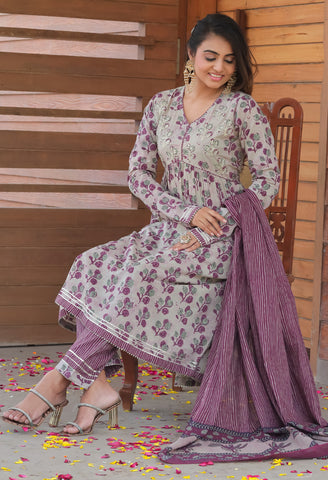 Beige & Wine Pure Cotton  Embroidered Kurta Set With Dupatta