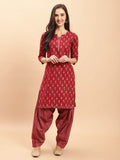 Maroon Cotton Printed Ready to Wear Patiala Salwar Suit