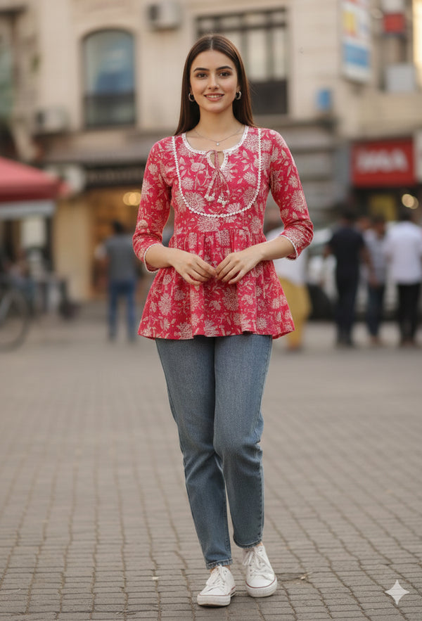 Pink & White Pure Cotton Floral Printed Short Top