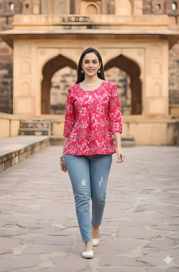Pink Pure Cotton Jaipuri Printed Short Top