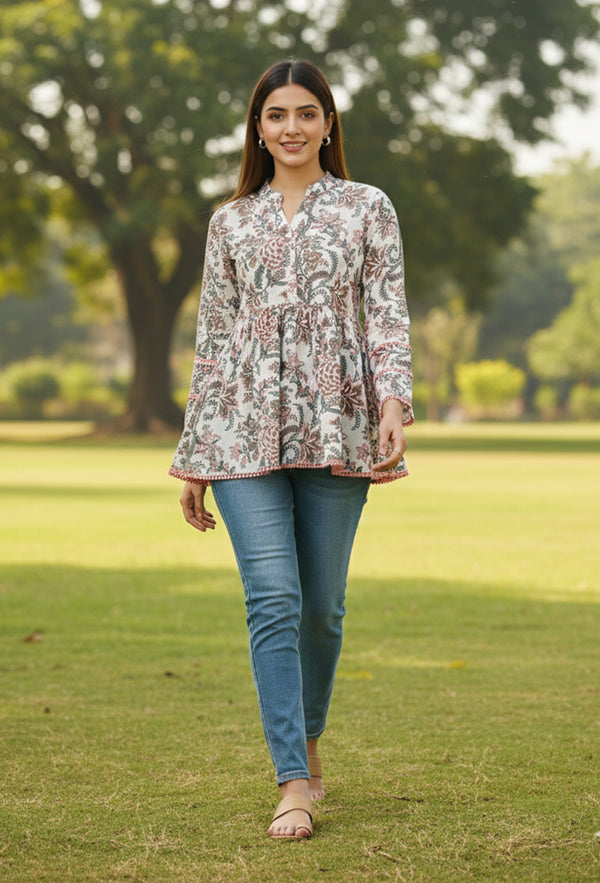 White Pure Cotton Floral Printed Short Top