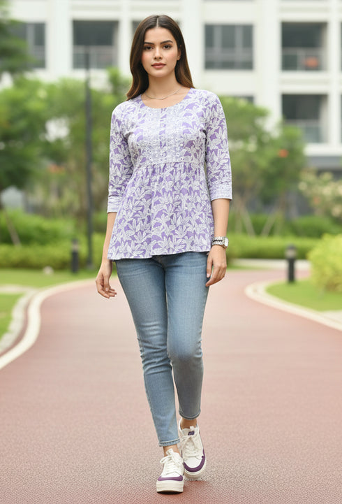 Lavender  Pure Cotton Foil Printed Short Top