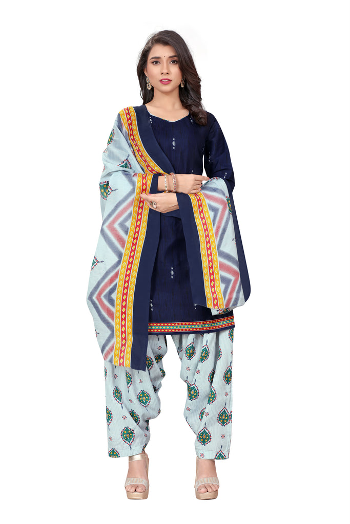 Navy Blue Cotton Blend Printed Ready to Wear Patiala Salwar Suit