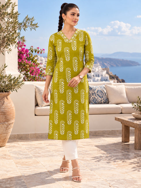 Olive Yellow Pure Cotton Hand Block Print Kurta