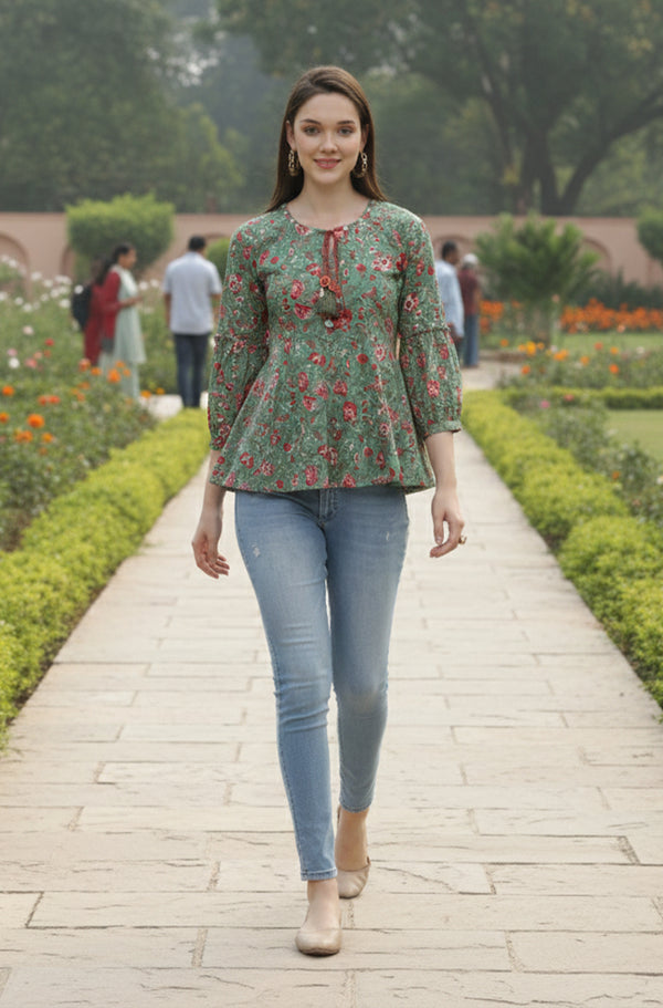 Sea Green Pure Cotton Floral Printed Short Top