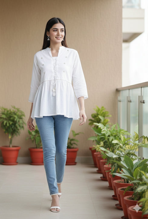 Off White Pure cotton Embroidered Short Top