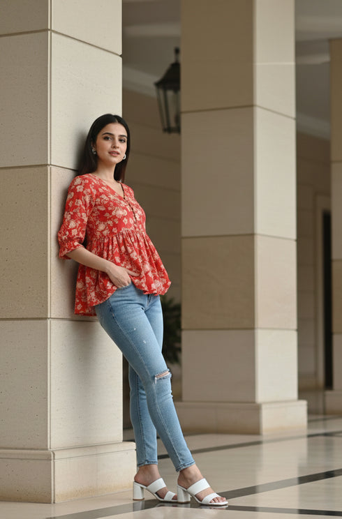 Red Pure Cotton Jaipuri Printed Short Top