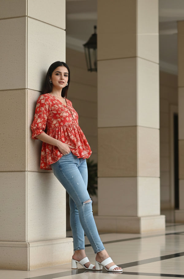 Red Pure Cotton Jaipuri Printed Short Top