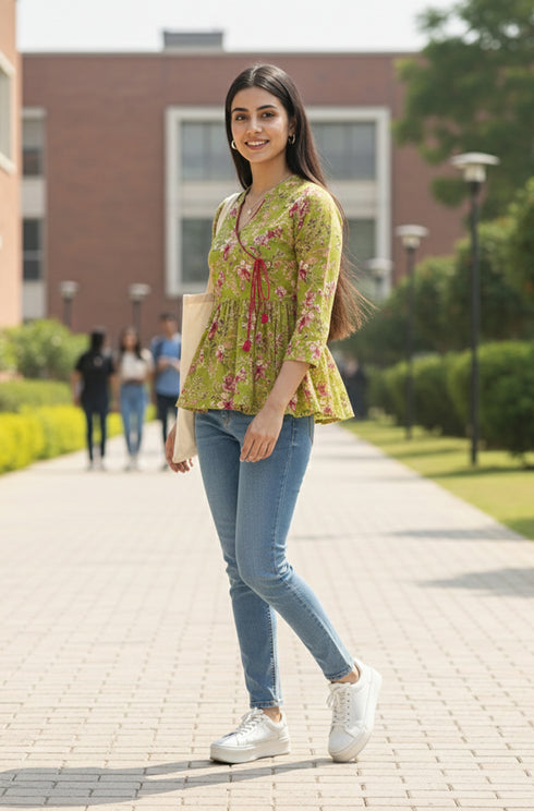 Green Vibe Chic Cotton Jaipuri Printed Short Top