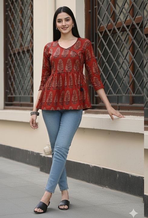Brown Pure Cotton Block Printed Short Top