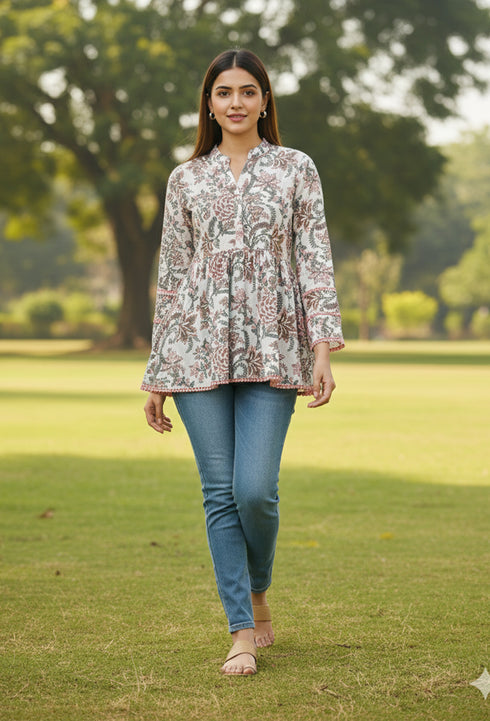 White Pure Cotton Floral Printed Short Top