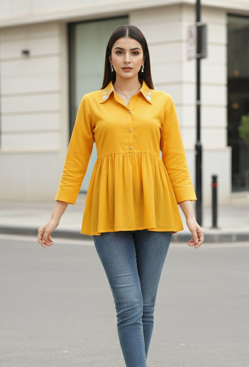 Yellow Pure Cotton Embroidered Short Top