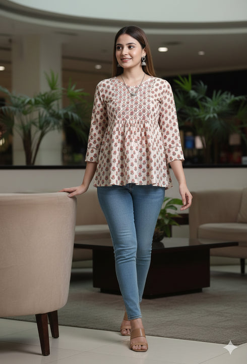 Beige Pure cotton Jaipuri Printed Short Top