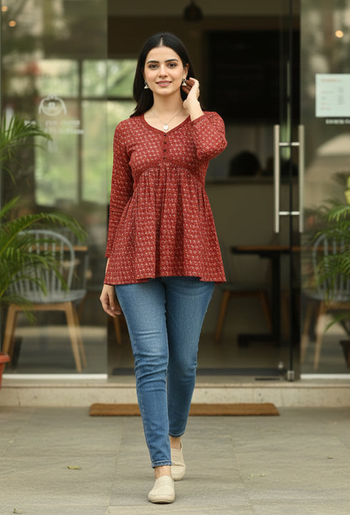 Maroon Women's Pure Cotton Jaipuri Printed Short Top