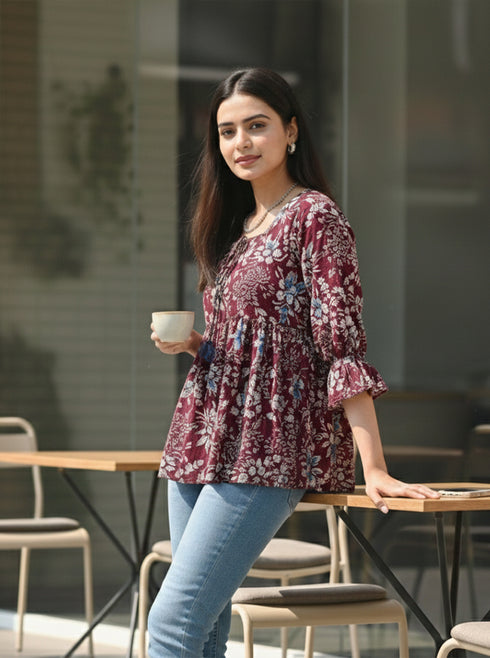 Serene Petal Couture Cotton Jaipuri Printed Short Top