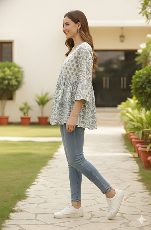 White & Grey Pure Cotton Floral Printed Short Top