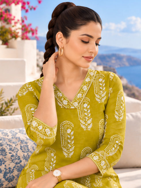 Olive Yellow Pure Cotton Hand Block Print Kurta