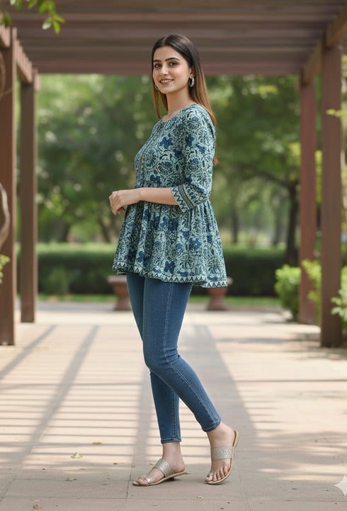 Sea Green Pure Cotton Floral Printed Short Top