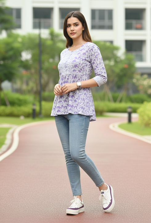 Lavender  Pure Cotton Foil Printed Short Top