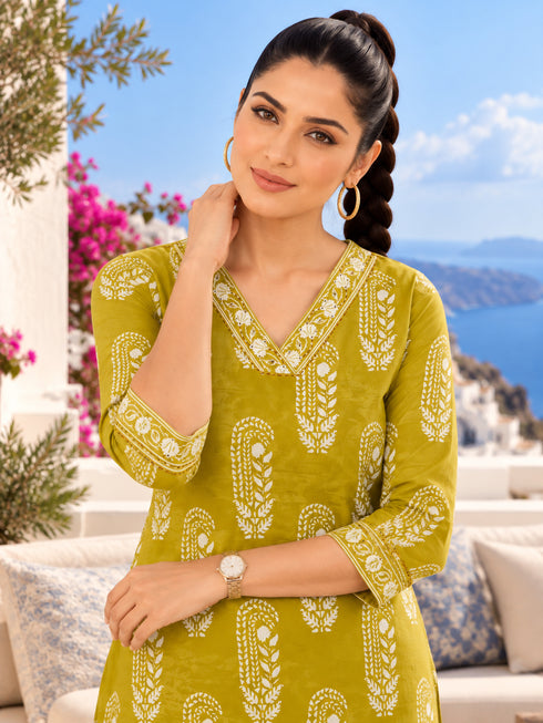 Olive Yellow Pure Cotton Hand Block Print Kurta