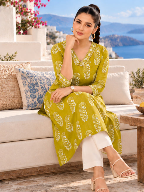 Olive Yellow Pure Cotton Hand Block Print Kurta