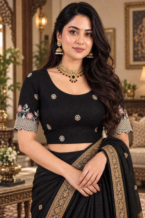Black Lycra Readymade Embroidered Blouse For Women