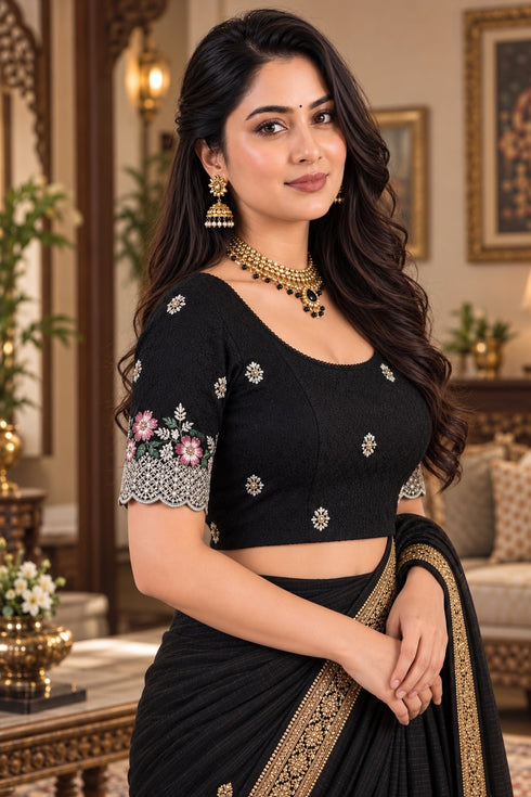 Black Lycra Readymade Embroidered Blouse For Women